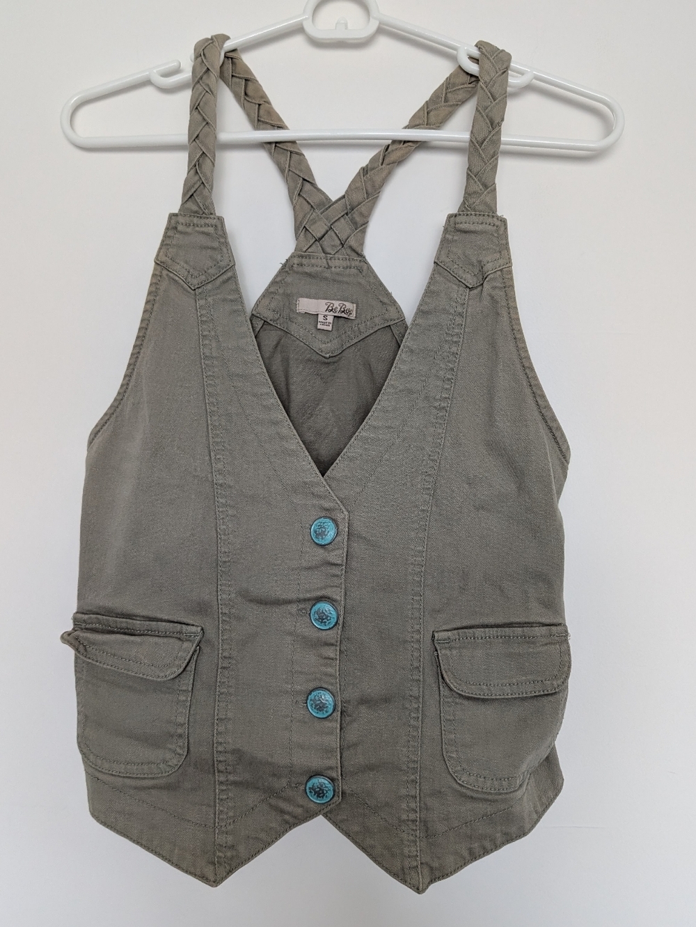 Braided-Strap Utility Vest with Turquoise Buttons